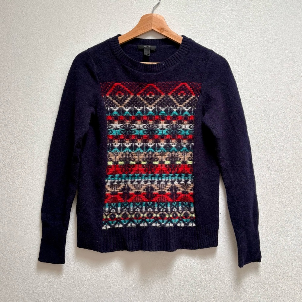 J.Crew Navy Multicolor Jacquard Stitch Fair Isle Wool Sweater